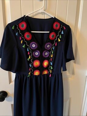 Navy Boho Embroidered Tassel Dress - Multicolor Accents